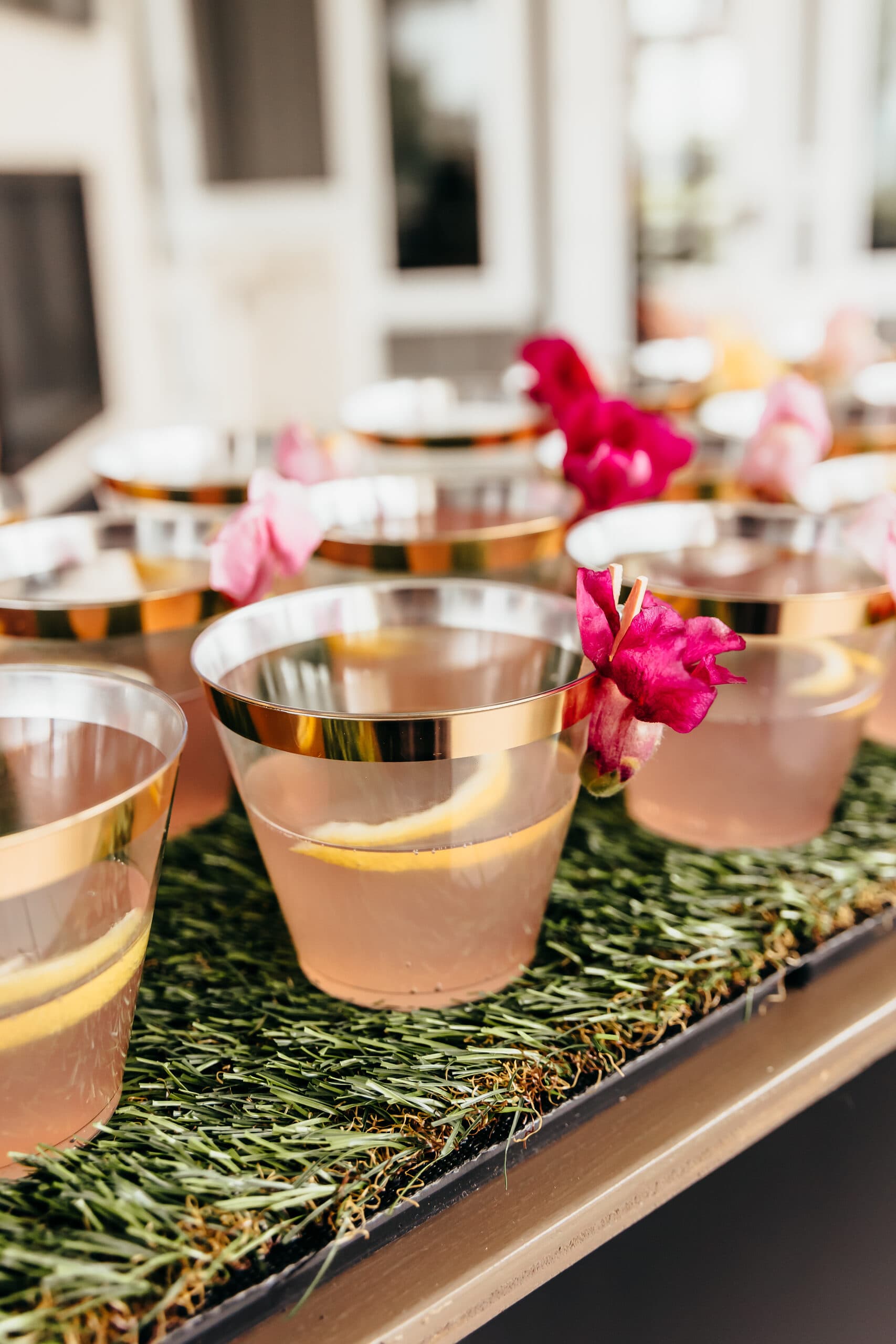 Gold-rimmed cocktails garnished with citrus and blooms
